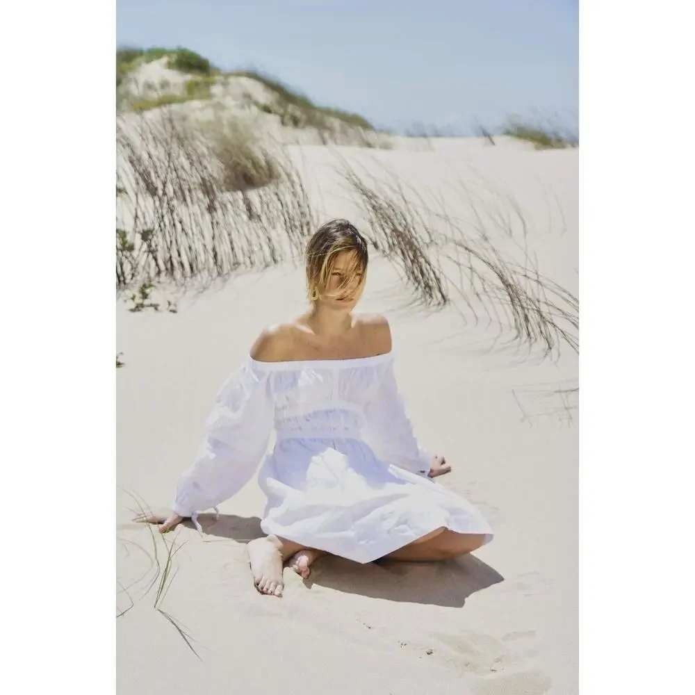 House of Sunny Off Shoulder Cotton Poplin Mini Dress Smocked Balloon Sleeve 6